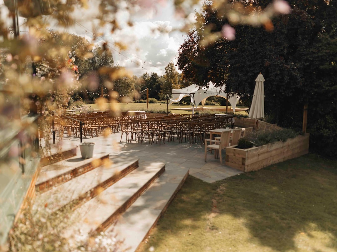 A view of an outdoor wedding venue from a window